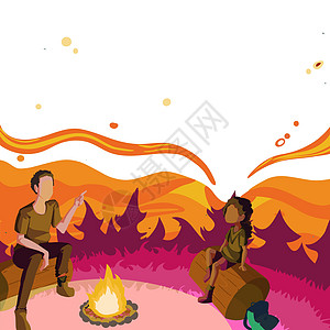 坐在篝火旁的父亲和女儿在公园享受露营 父母和他的孩子坐在野营热旁边 在森林里讲故事快乐日落宗教活动假期燃烧远足幸福庆典自然现象图片