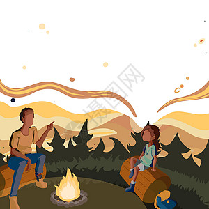 坐在篝火旁的父亲和女儿在公园享受露营 父母和他的孩子坐在野营热旁边 在森林里讲故事季节幸福男孩们微笑日落卡通片家庭成人环境火焰图片