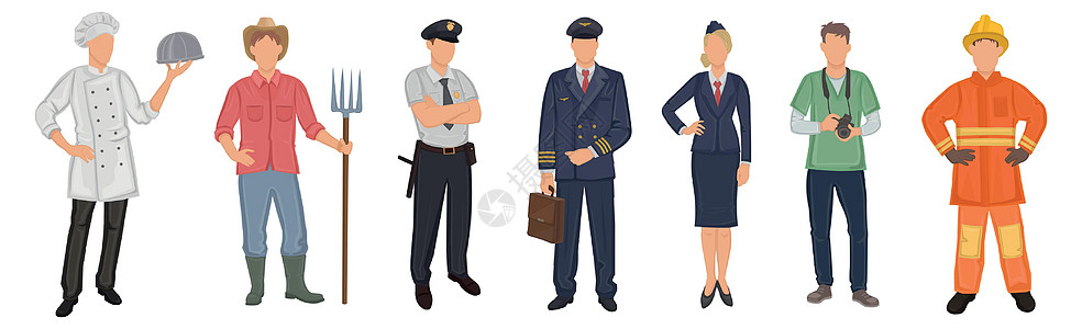 一组7个白人背景不同行业的工人矢量向量劳动商业警察插图服务女孩卡通片商务厨师人士图片