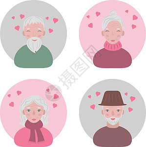 老人相爱的表情 快乐慈爱的祖父母的化身 情人节那天微笑的老人的画像 滑稽的面孔 心在他们的头顶 矢量图图片