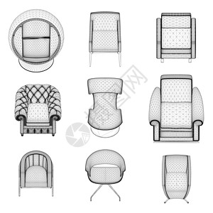 一组扶手椅和椅子线框 由孤立在白色背景上的黑色线条构成 正视图 3D 矢量图座位办公室沙发休息室房子家具休息房间建筑学装饰图片