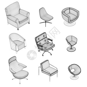 一组在白色背景上隔绝的黑色线条上的扶手椅和椅子铁丝框 直径视图 3D 矢量插图建筑学商业家具座位沙发手臂房子房间公寓休息图片