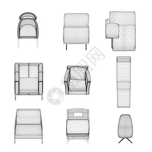 一组扶手椅和椅子线框 由孤立在白色背景上的黑色线条构成 正视图 3D 矢量图艺术房子插图装饰风格座位休息室公寓长椅办公室图片