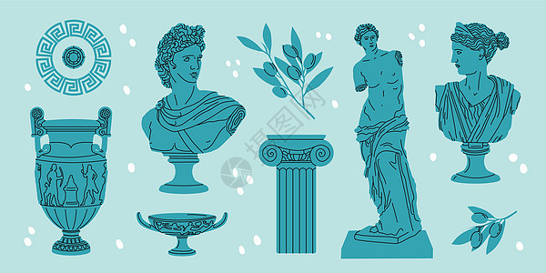 各种古老的雕像 女性头目 分支 Amphora 手 神话 古希腊风格 孤立元素古董文化涂鸦收藏大理石艺术品双耳历史雕塑插图图片