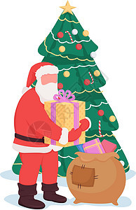 圣诞树附近的圣诞圣诞老人半平板彩色矢量字符图片