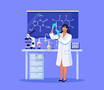 年轻漂亮的女化学家手里拿着装有液体的烧瓶 科学家女孩正在试验用于疫苗发现的设备 从事抗病毒治疗开发的女孩病媒图解图片