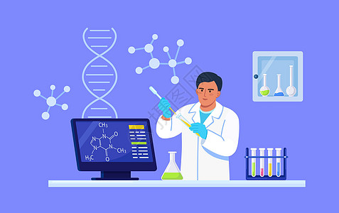 手持液体烧瓶的化学家 科学家正在实验室试验用于疫苗发现的设备 从事抗病毒治疗开发的医生教授科学微生物学化学品药品化学物理管子烧瓶图片