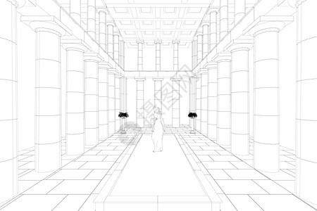 大厅的轮廓 有建筑柱子和一位黑人妇女雕塑 在白色背景上被隔离开来;矢量插图图片