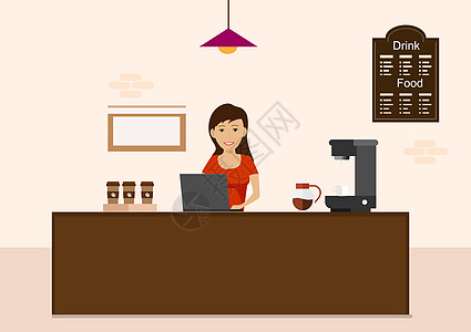 女咖啡师正在等待顾客的订单 要进口到商店柜台的命令 平方矢量图示图片