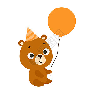 生日帽上可爱的小熊把气球放在白色背景上 儿童卡片 迎婴派对 邀请函 海报 T 恤组合 室内装饰的卡通动物角色 矢量库存插图图片