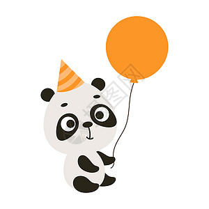 生日帽上可爱的小熊猫把气球放在白色背景上 儿童卡片 迎婴派对 邀请函 海报 T 恤组合 室内装饰的卡通动物角色 矢量库存插图图片