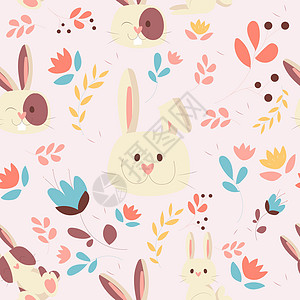 带长耳朵的可爱兔子的矢量模式 用小兔子以平方表示模式庆典假期纺织品叶子卡片孩子艺术野兔婴儿微笑图片