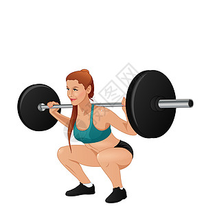 妇女培训barbell 蹲下 矢量插图健美运动健身房身体卡通片运动员肌肉男人手臂二头肌图片