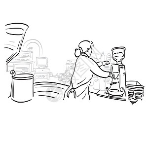 带围裙的女咖啡师的后视图在她的咖啡店插图矢量手绘隔离在白色背景线条艺术上为访客煮咖啡图片