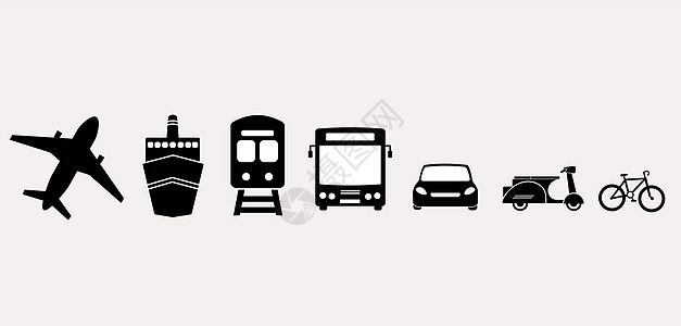 民众运输图标集 出租车 飞机 公共汽车 自行车 小型摩托车 无轨电车 火车 轮船和汽车标志 运输黑色剪影集合 旅游概念 在白色上隔离设计图片