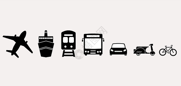 运输图标集 出租车 飞机 公共汽车 自行车 小型摩托车 无轨电车 火车 轮船和汽车标志 运输黑色剪影集合 旅游概念 在白色上隔离背景图片