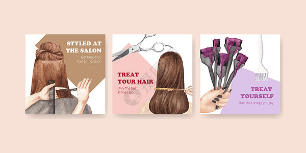 Banner 带有沙龙发美容概念 水彩风格的Banner模板广告刷子女士发型营销娘娘腔发夹乐队夹子插图图片