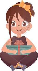 一个快乐的女孩坐在莲花的姿势 手里拿着一个礼物盒 卡通风格 矢量插图图片