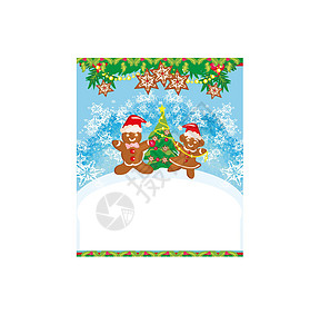 圣诞卡 配着姜饼 装饰圣诞节的圣诞树插图推介会邀请函卡片饼干假期男生吉祥物婴儿幸福图片