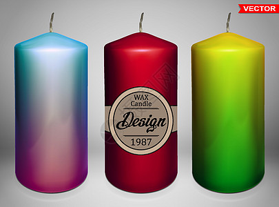 现实的矢量大型彩色蜡烛设计烧伤烛光疗法耀斑温泉芳香灯芯记忆茶色圆柱形图片