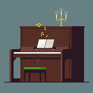 带笔记和烛台的棕色直立钢琴 浪漫的古典音乐之夜图片