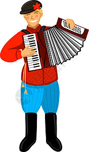 身穿红色衬衫和毡靴的俄罗斯男子正在拉手风琴 一位年轻的手风琴演奏者在音乐节上演奏原声乐器图片