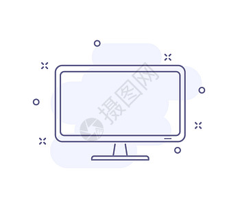 Pc 显示器轮廓矢量插图在白色上隔离 桌面计算机紫色线图标 带浅粉色背景和装饰 用于网页和用户界面设计 移动应用程序和印刷印刷图片