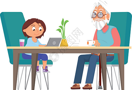 祖父和孙女坐在桌边坐在一起 家庭关系是一对夫妇图片