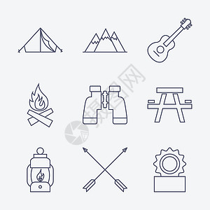 篝火轮廓描边露营图标活动远足帐篷生存营火娱乐手电筒旅行艺术露营者设计图片