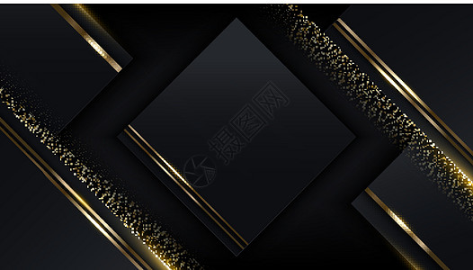 3D 现代奢侈品模板设计黑色和金色平方条纹 有金亮光线 在黑暗背景上闪耀正方形奢华艺术商业金属推介会辉光墙纸插图坡度图片