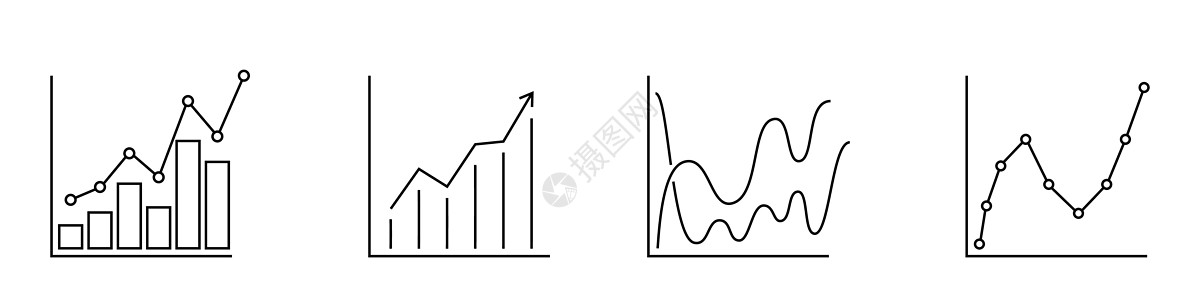 图栏图标 带有上升趋势线图的抽象财务图表 线性图形图标集图片