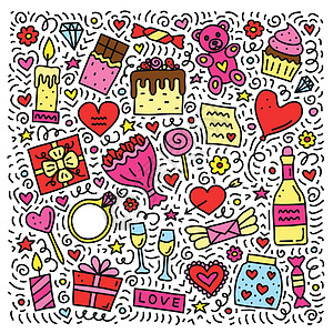一套情人节的涂鸦瓶子婚礼气球卡通片庆典巧克力礼物绘画戒指钻石图片