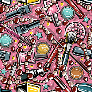 无缝模式 粉红色背景上明亮的装饰化妆品 珠子 眼影 唇膏 交织成一个单一的图案 为青少年手绘时尚素描风格的插图图片