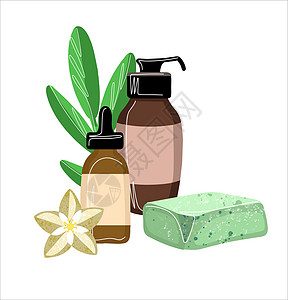 天然环保化妆品的成分 肥皂与奶油和泡沫和树叶背景上的一朵白花 简单 简约平面风格的插图图片