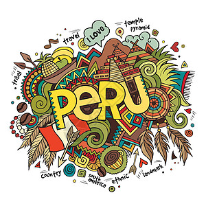 秘鲁手写文字和涂鸦元素背景背景民间文化标识狂欢明信片卡通片国家卡片艺术旅行图片