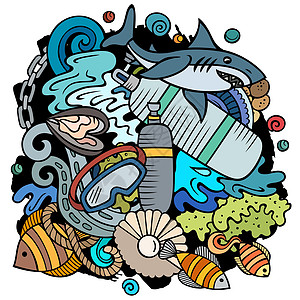 鱼污染潜水卡通矢量涂鸦图解游泳旅行娱乐珊瑚礁设计运动游泳者动物群脚蹼背景设计图片