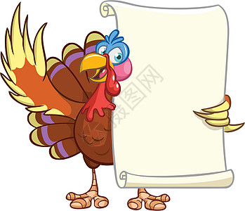 用于感恩节的漫画火鸡字符 带有折纸卷动菜单 Vector 火鸡配空白纸以备信息图片