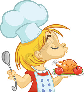 卡通小女孩拿着土耳其感恩节的托盘假期围裙感恩火鸡午餐服务烹饪厨师裙子主妇图片