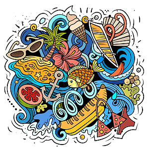 夏季海滩矢量涂鸦图假期运动海浪冲浪航行幸福海洋娱乐明信片闲暇图片
