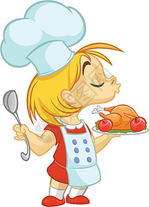 卡通小女孩拿着土耳其感恩节的托盘插图食谱厨师家庭烹饪火鸡裙子厨房假期围裙图片