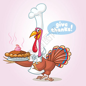 感恩节搞笑卡通火鸡厨师端着南瓜派 拿着叉子 孤立的矢量卡通图片