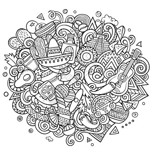 墨西哥手画的漫画涂鸦图解 有趣的设计历史性文化金字塔假期元素旅行建筑学历史边帽地标图片