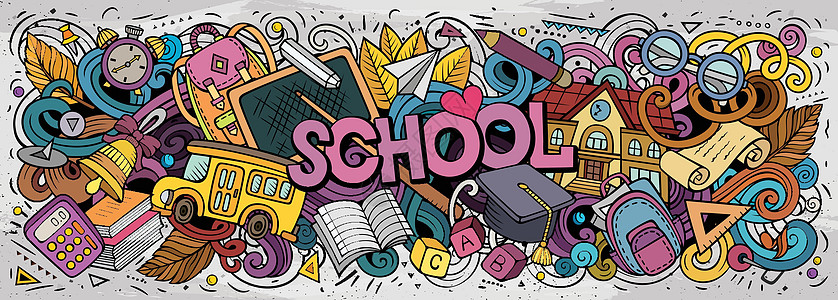 卡通可爱的涂鸦 学校语言 多彩插图黑板明信片老师补给品校车铅笔作品矢量条纹设计图片