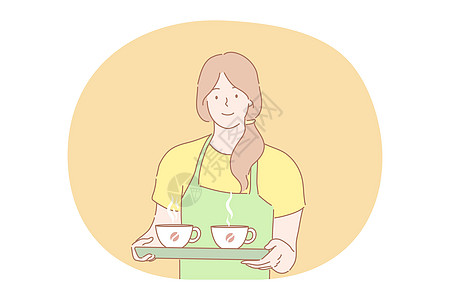 咖啡店 服务 广告概念咖啡屋闲暇杯子早餐咖啡商业卡通片饮料女性围裙图片
