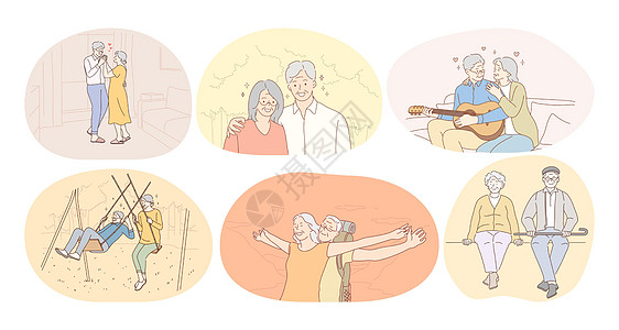 生活快乐 积极生活方式概念的老年夫妇老年人口女性活动微笑祖父母退休祖母祖父吉他闲暇卡通片图片