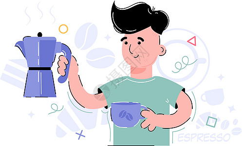 男孩手里握着一个杯子和一个咖啡制造者 一台电脑 演示 应用和网站设计要素 图示说明图片