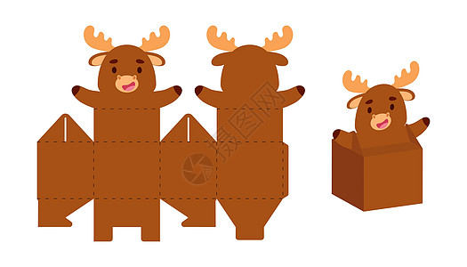 简单的包装礼盒驼鹿设计 适合糖果 糖果 小礼物 用于任何目的 生日 迎婴派对的派对包模板 打印 剪裁 折叠 粘合 矢量股票图图片