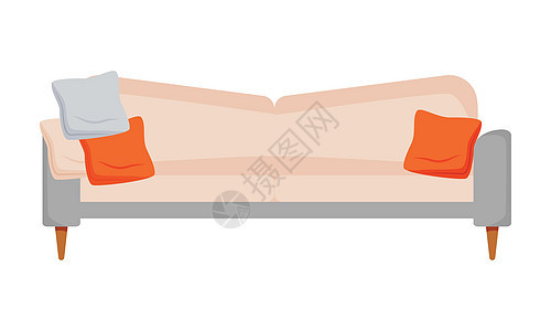 有坐垫的舒适沙发半平板彩色矢量物体图片
