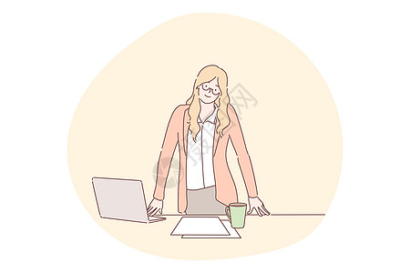 办公室概念中的女商务人士公司推介会女性卡通片微笑金融经理人士姿势商务图片