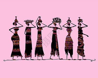 配有大壶和食物的非洲妇女 穿着民族服装 设计艺术轮廓图片